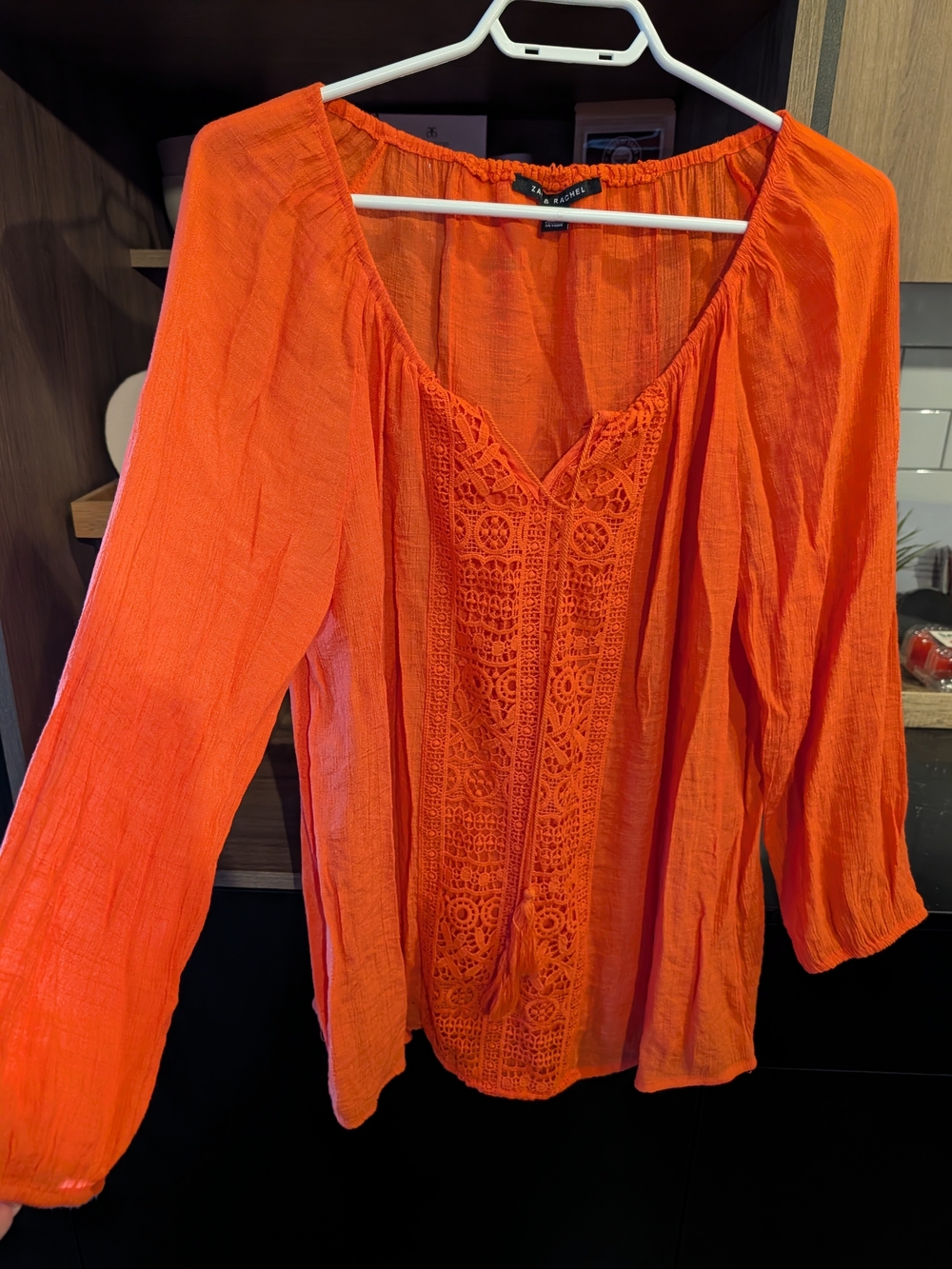 Zac & Rachel Bright Orange Crochet-Front Peasant Top